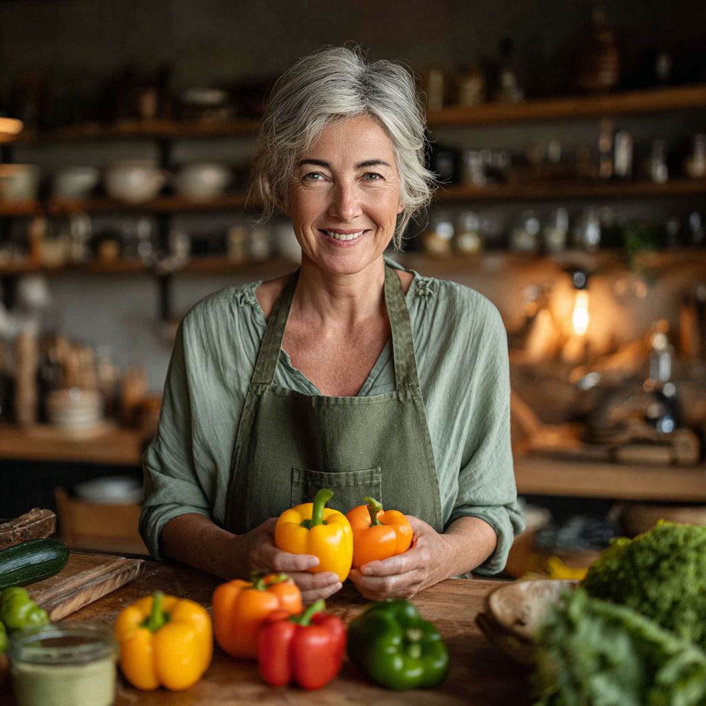 Confident middle-aged woman in her early 50s with short silver hair, wearing a light green apron while preparing fresh vegetables in a modern kitchen, smiling warmly as she holds colorful bell peppers, surrounded by fresh ingredients on a wooden countertop