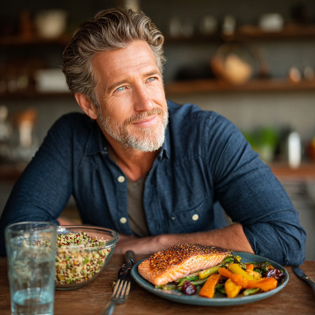 Handsome middle-aged man in his late 40s with graying temples, wearing a navy blue button-down shirt, sitting at a dining table with a colorful Mediterranean-style meal featuring grilled salmon, quinoa, and roasted vegetables, holding a fork while looking satisfied and healthy